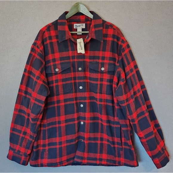 Duluth Trading Mens XL Flapjack Fleece Lined Shirt Jacket Red Blue Plaid - Picture 1 of 14